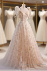 Unique And Beautiful Champagne Sequin Square Neck Fluffy Short Sleeved Ball Dress Champagne A-Shaped Princess Backless Strap And Floor Length Evening Dress